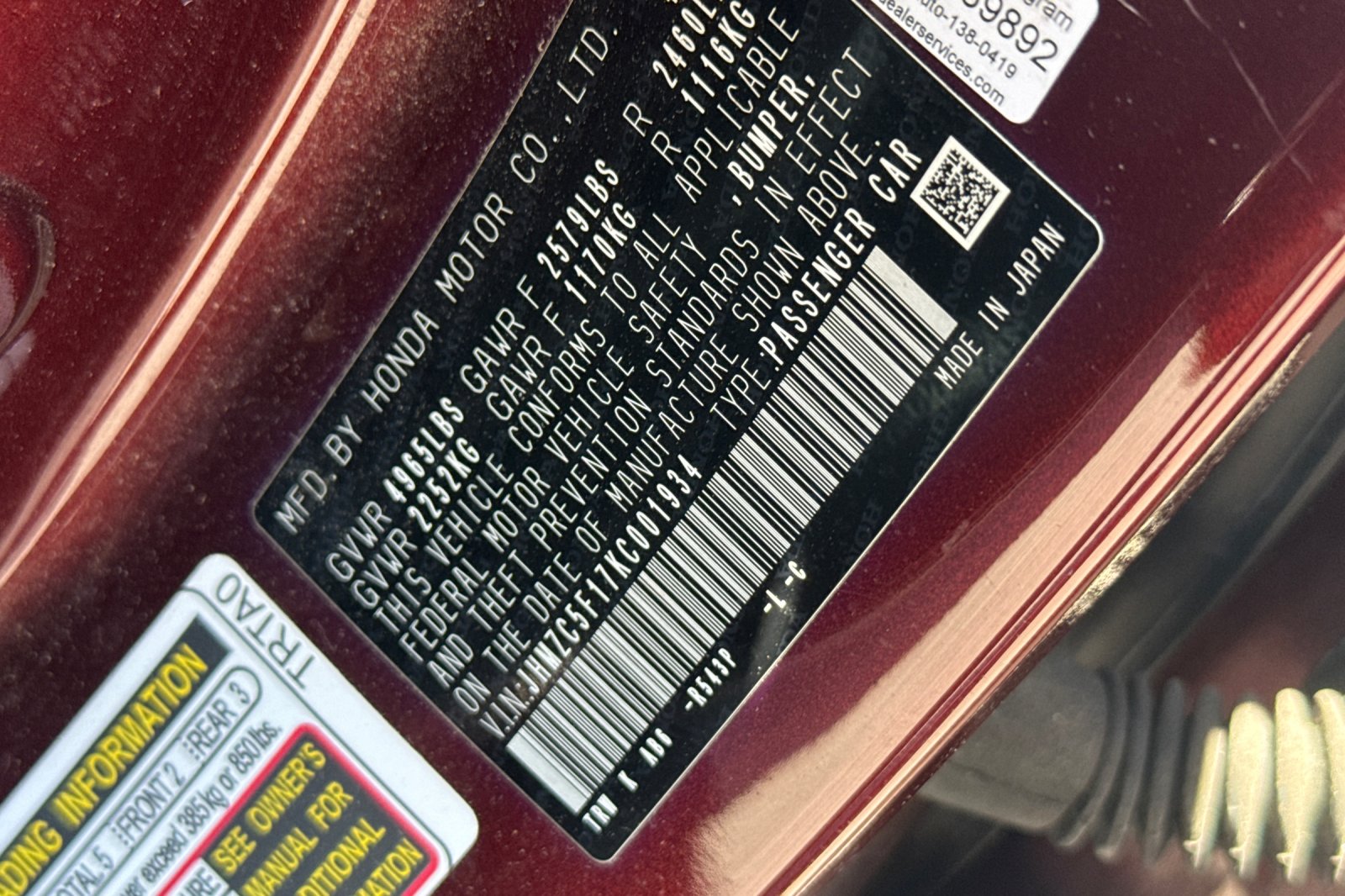 Certified Used 2019 Crimson Pearl Honda Base image 12